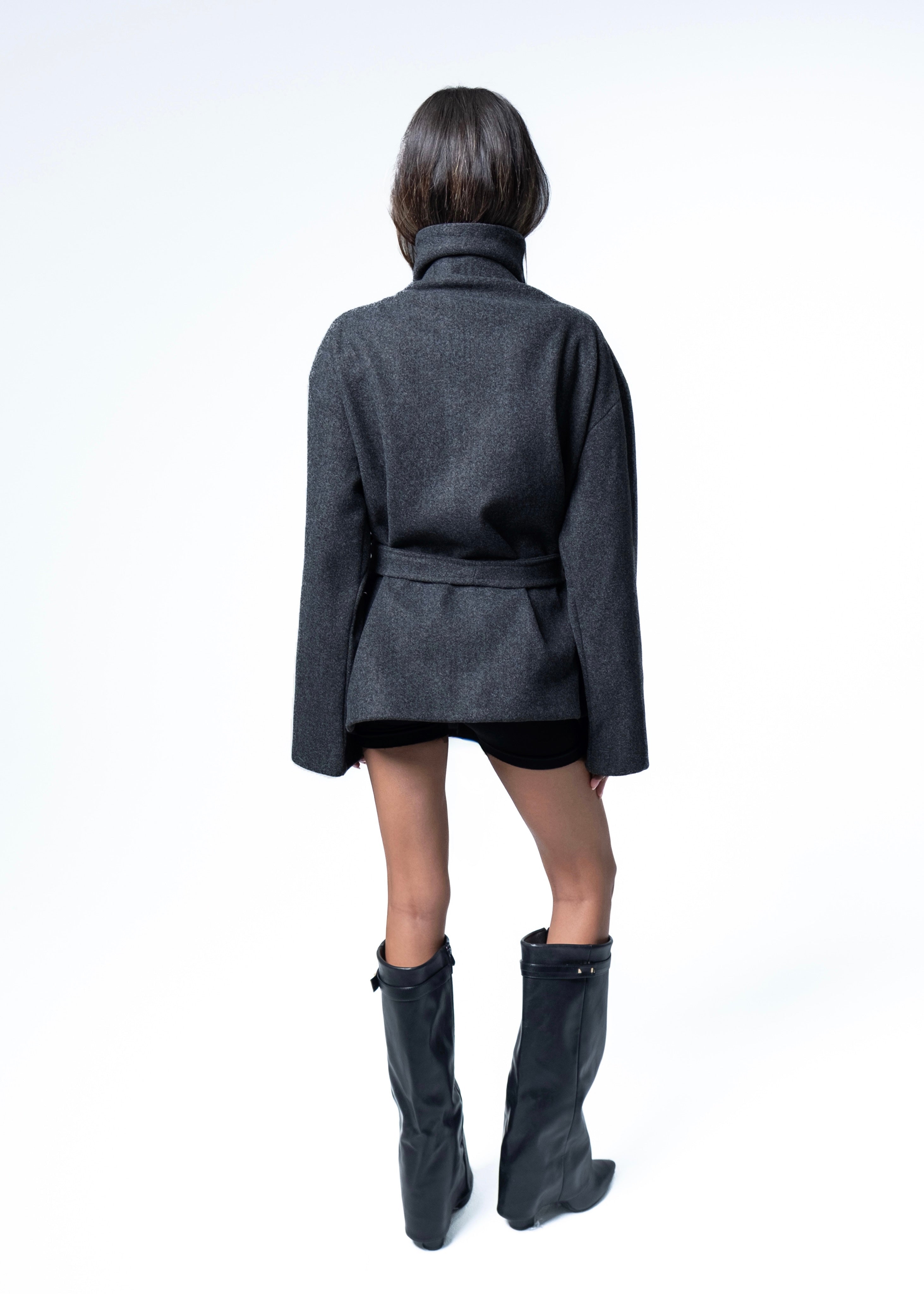 Dark Grey High-Neck Cropped Coat