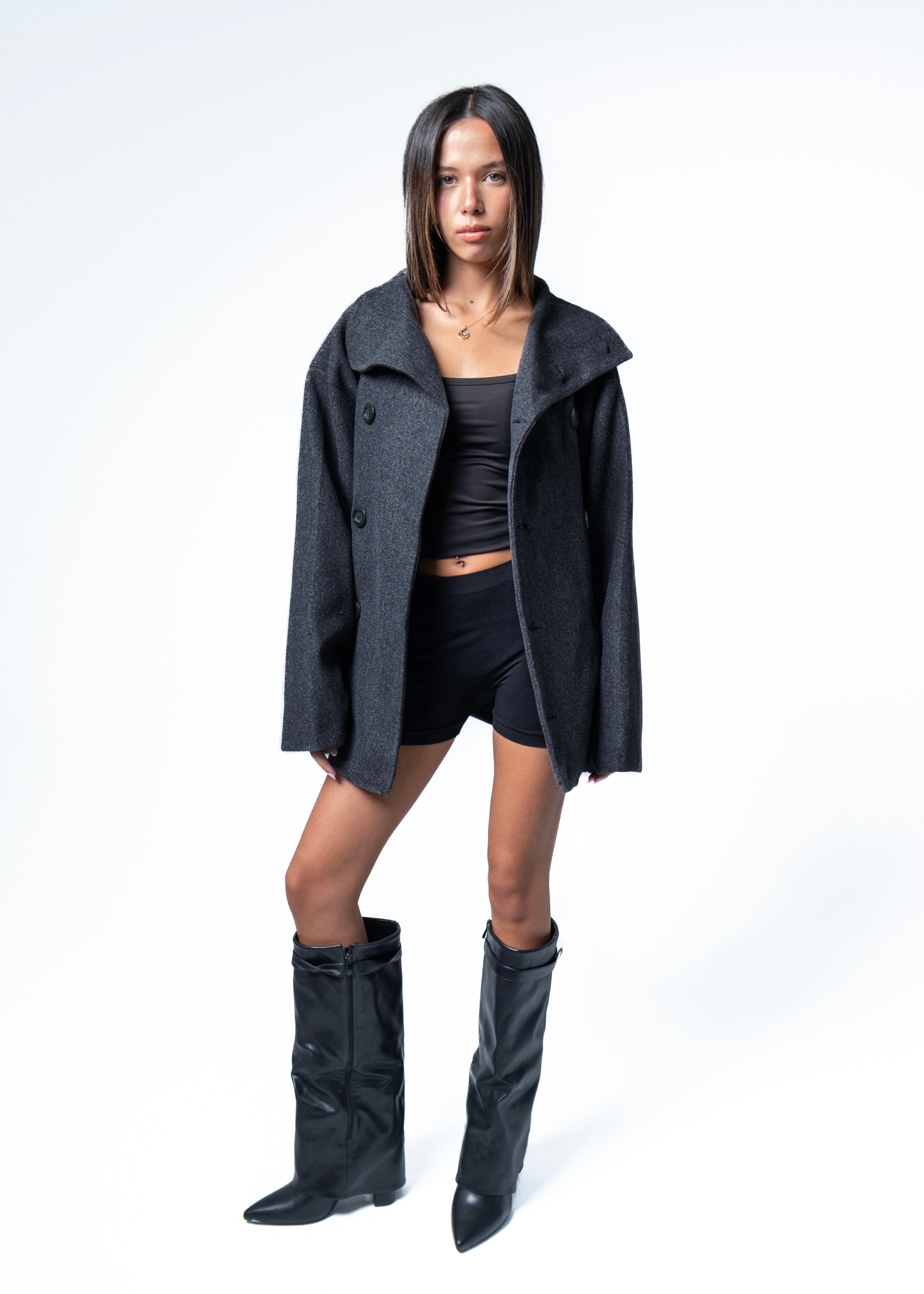 Dark Grey High-Neck Cropped Coat