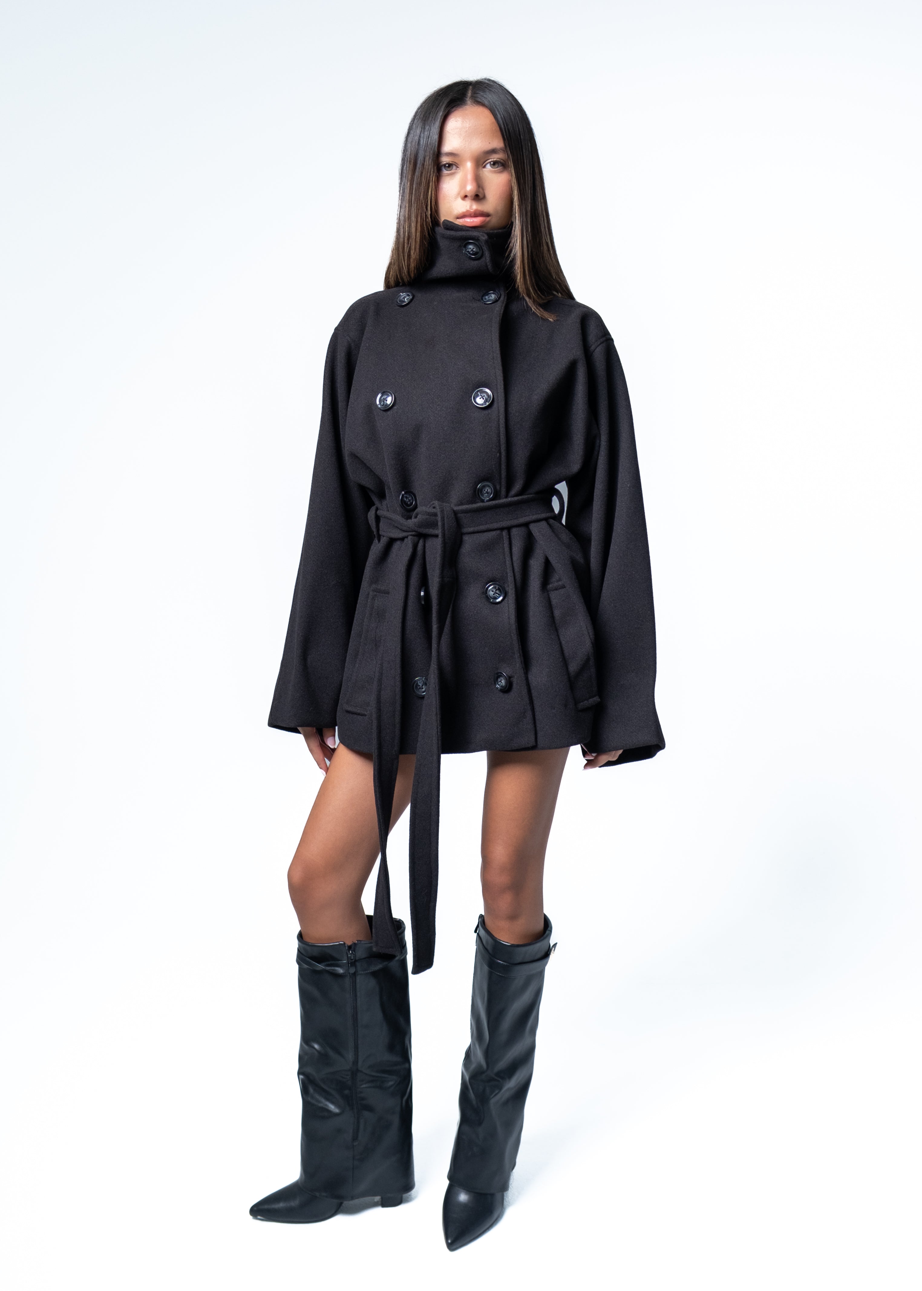 Black High-Neck Cropped Coat