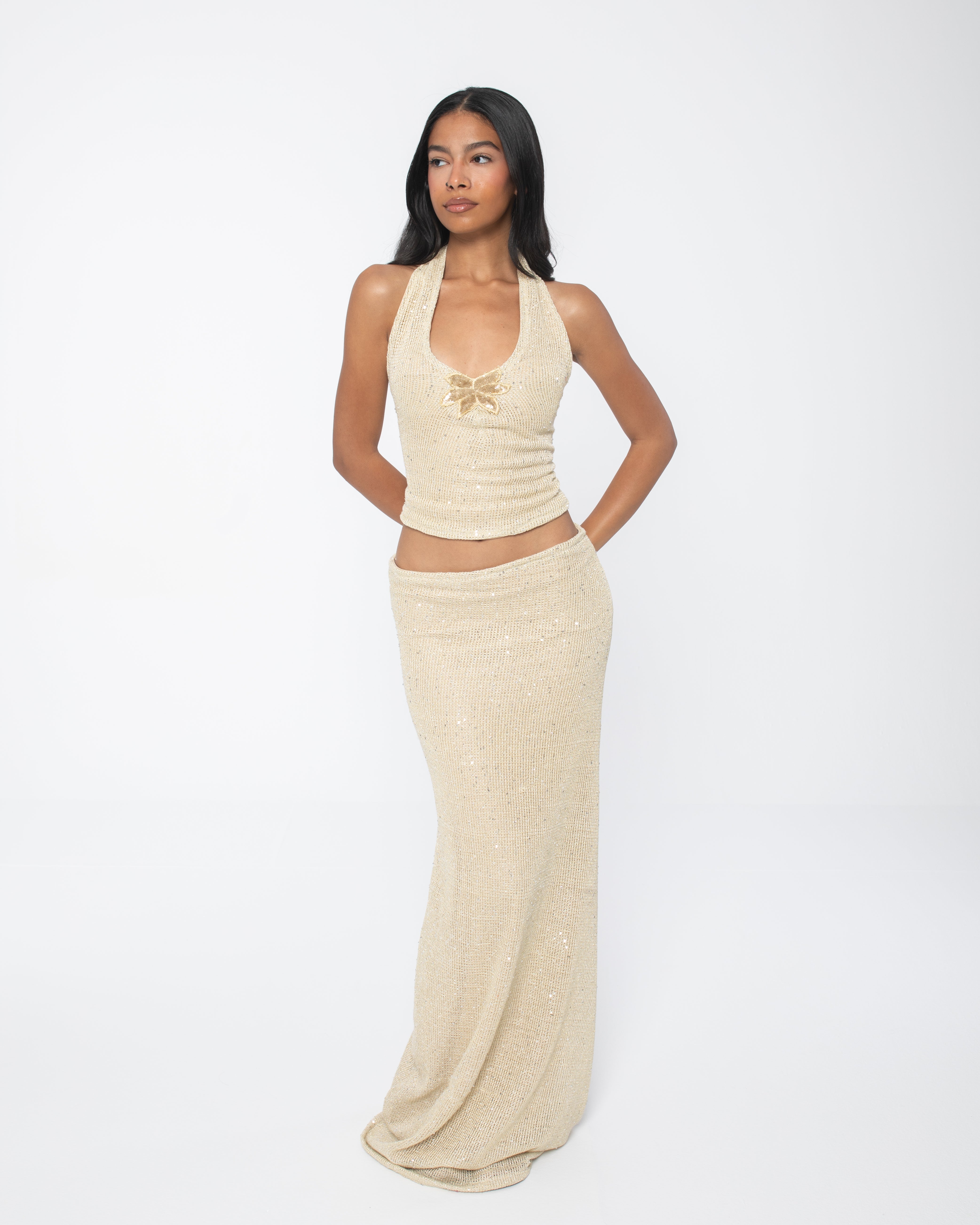 Beige Sequins Backless Top